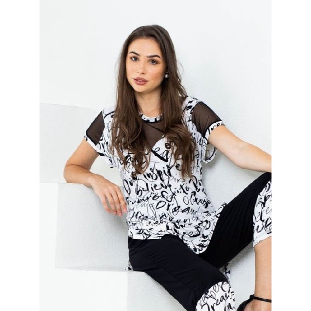 Women's Sheer Tunic Top Size L Black White Print Scoop Neck Artex Fashions NWT
